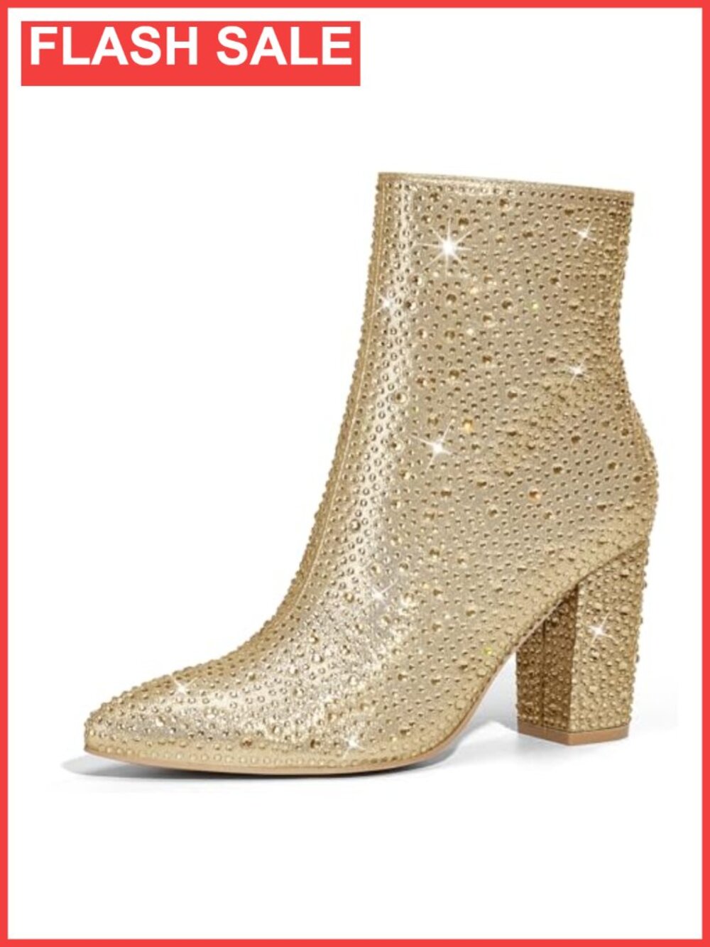 Rhinestone Ankle Booties Pointed Toe Block Heel Side Zip Womens Sparkly Boots
